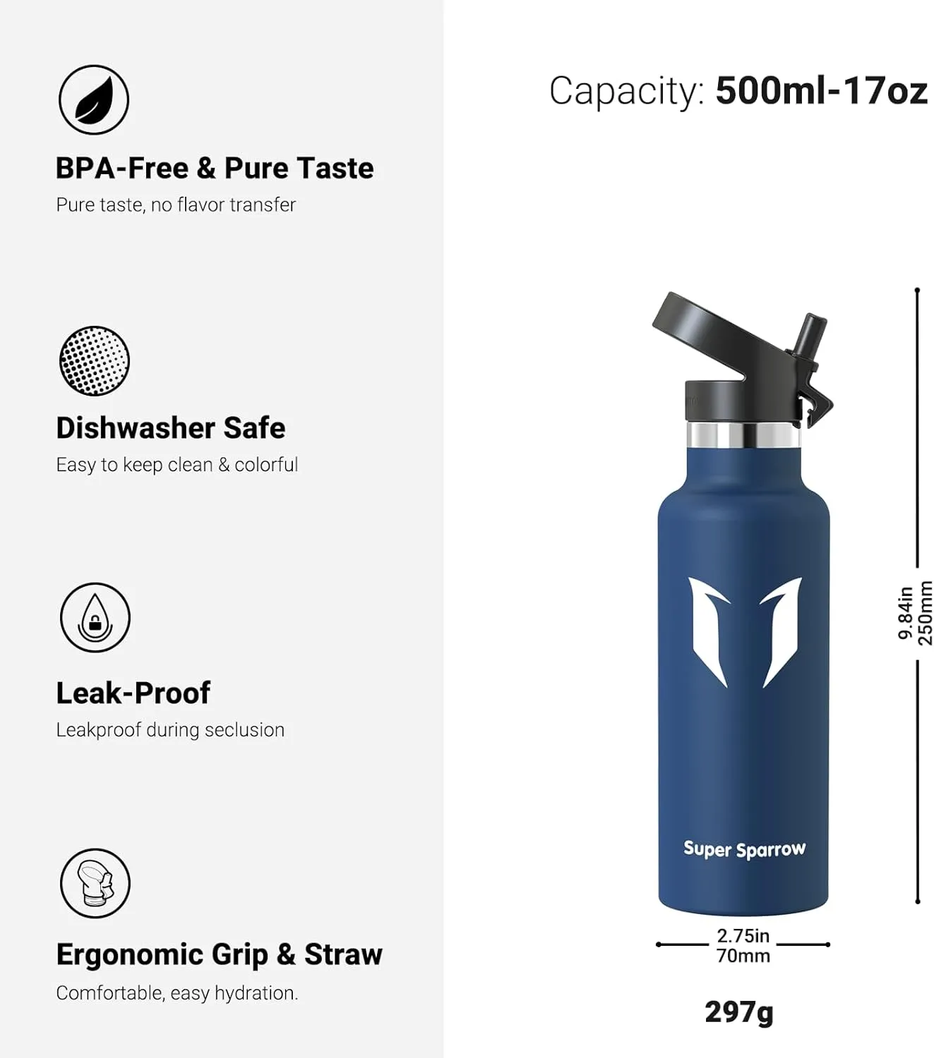 Super Sparrow Water Bottle Insulated - 17 Oz / 25 Oz / 32 Oz - Standard Mouth FlipFlow Flask - BPA Free, Leak Proof Drink Bottle- Ergonomic Straw Water Bottle for Work, Gym, Travel, Sports, Outdoor