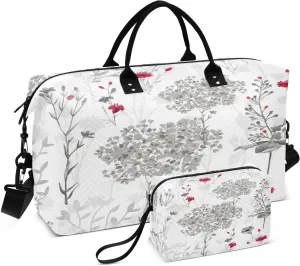 susiyo Red Shadow Flower Expandable Travel Duffle Bag, Large Weekender Overnight Bags and Adjustable Strap, Carry On Shoulder Tote Bag, Gym Duffel Bag with Toiletry Bags for Hospital