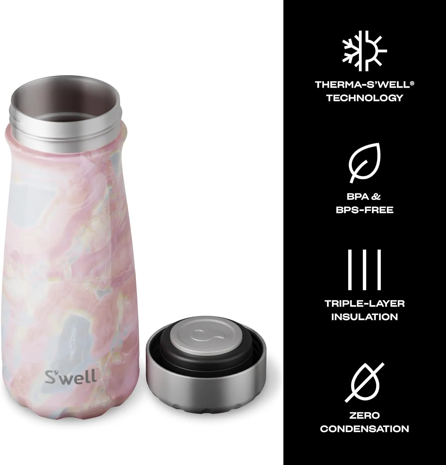 S'well Stainless Steel Traveler, 16oz, Geode Rose, Triple Layered Vacuum Insulated Containers Keeps Drinks Cold for 24 Hours and Hot for 12, BPA Free, Easy Carrying On the Go
