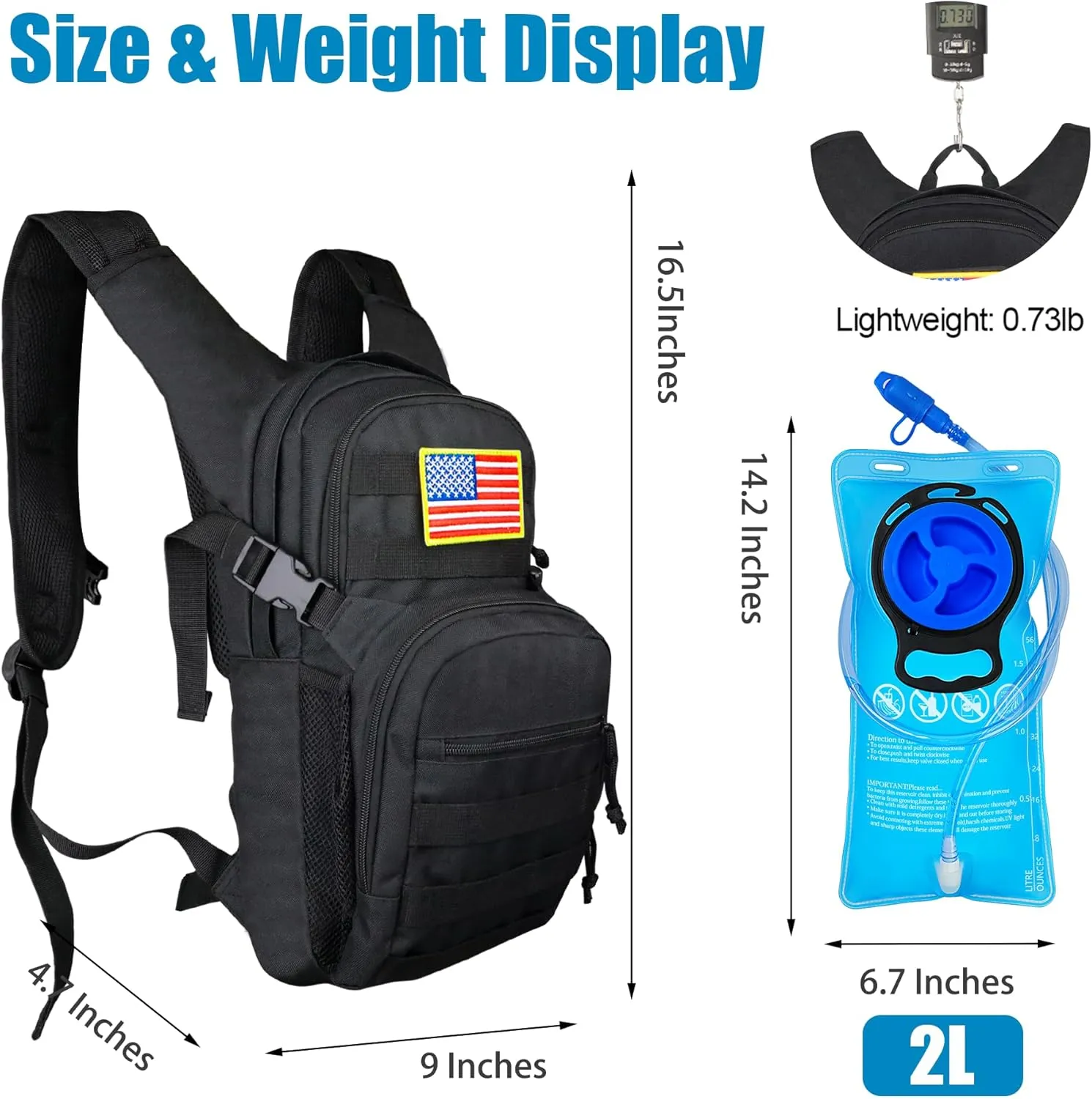 Tactical Hydration Backpack 2L Water Bladder - Lightweight Durable Pack for Hiking, Running, Outdoor Adventures, Adjustable Straps & Leak-Proof Design