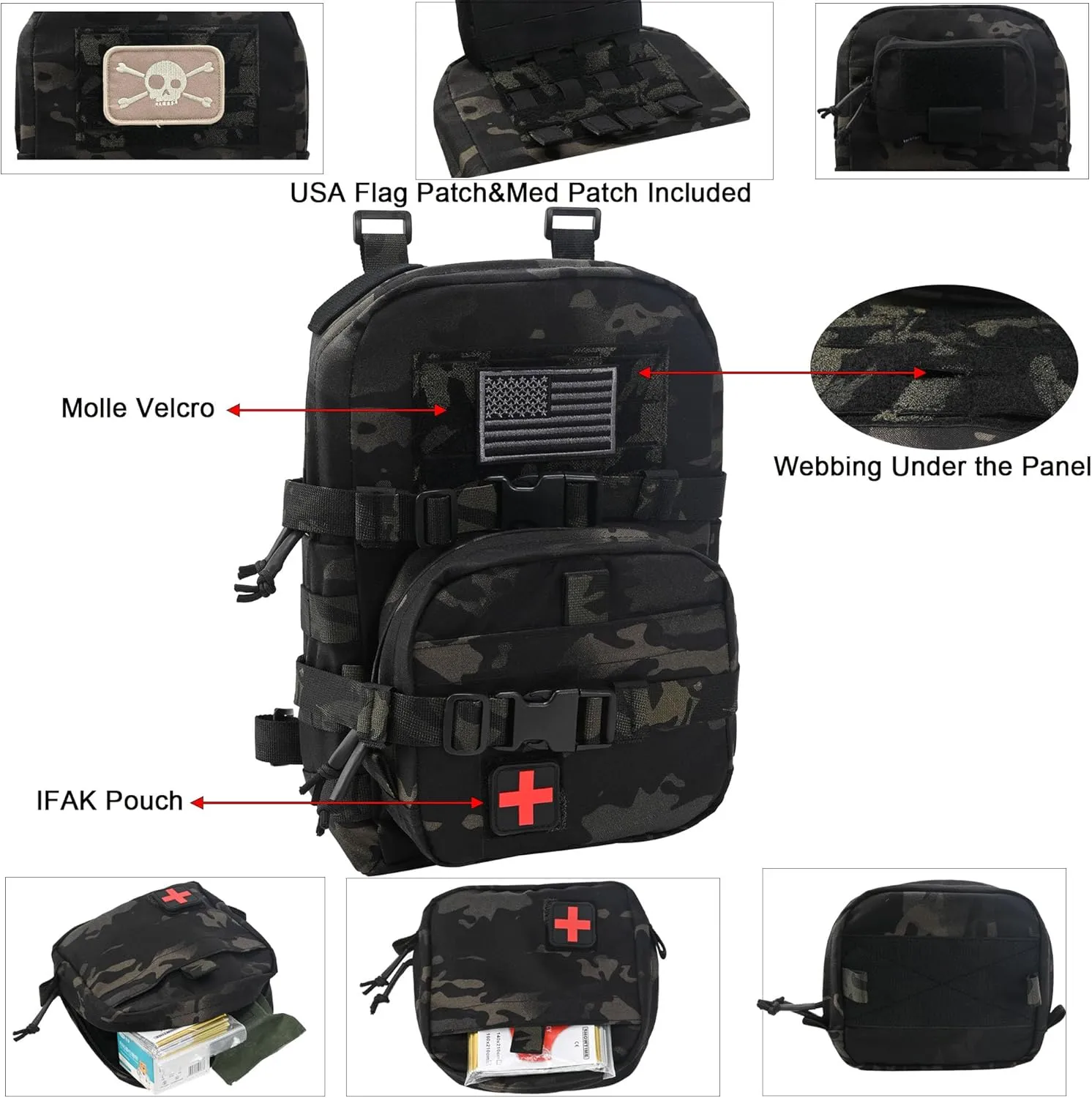 Tactical Mini Molle Hydration Pack,Molle Hydration Carrier with IFAK Pouch&US Flag&Med Patch,Hydropack for 2L Water Bladder
