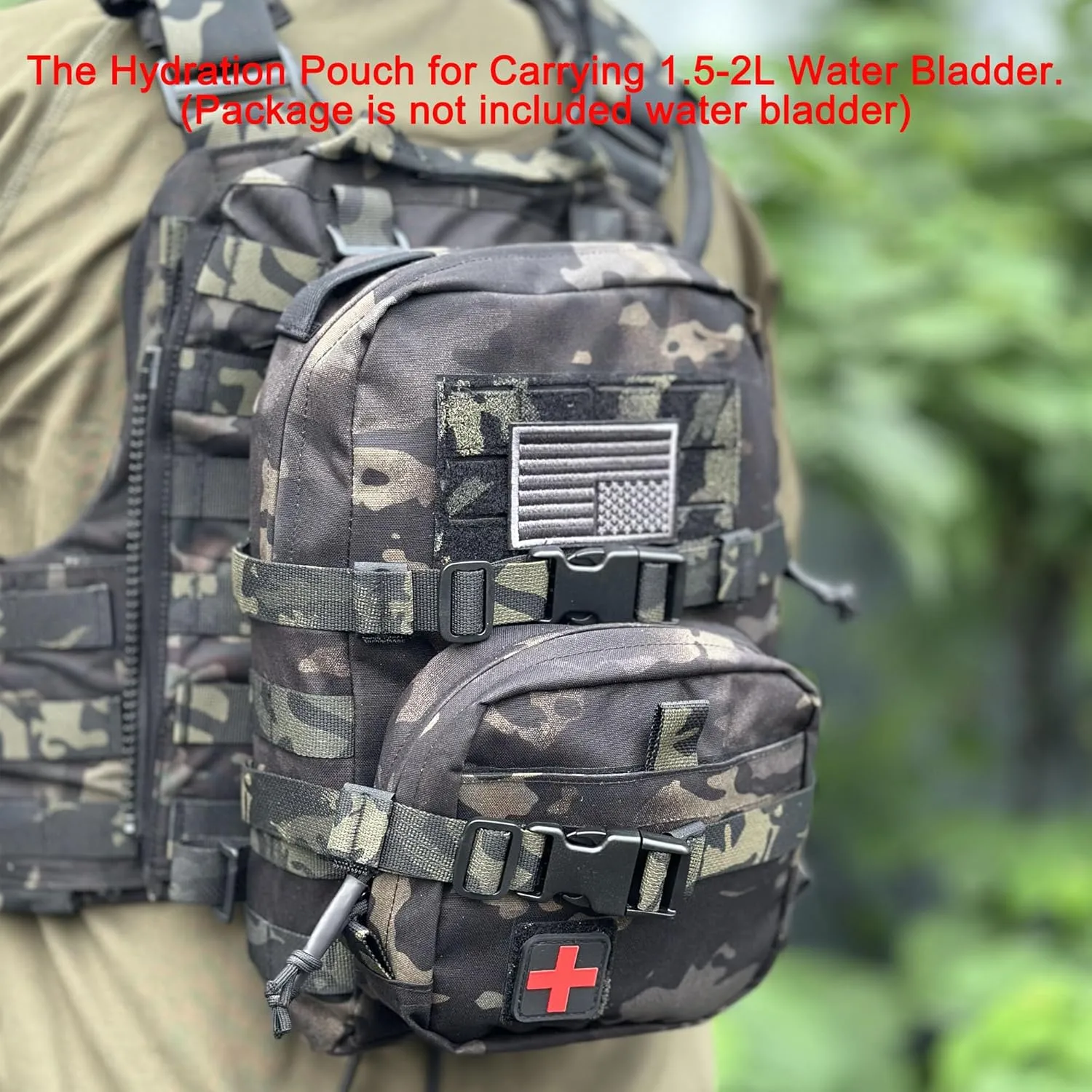 Tactical Mini Molle Hydration Pack,Molle Hydration Carrier with IFAK Pouch&US Flag&Med Patch,Hydropack for 2L Water Bladder