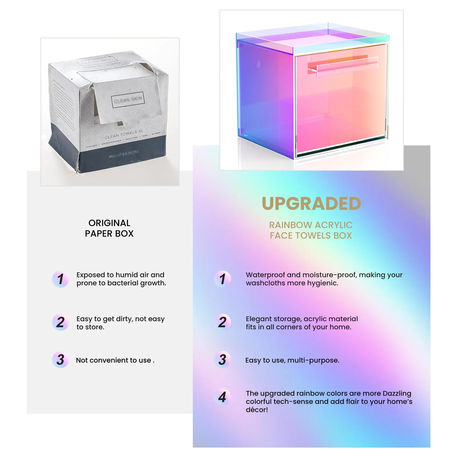 TAINESS Rainbow Disposable Facial Towel Storage Box Acrylic Towel Container Compatible with Clean Skin Club Clean Towel XL Wall-Mounted Face Towel Organizer with Drawer(Excluding Facial Towels)