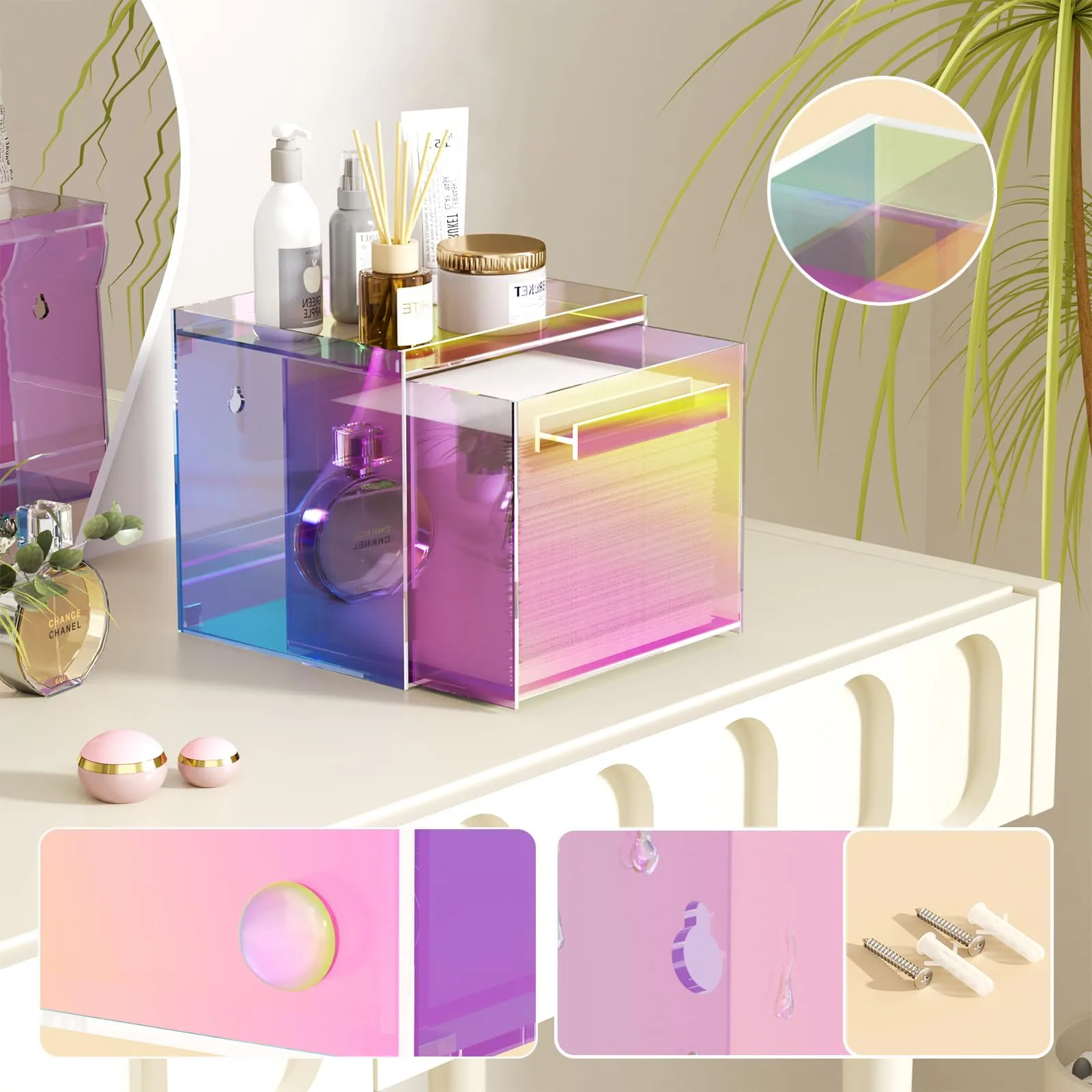 TAINESS Rainbow Disposable Facial Towel Storage Box Acrylic Towel Container Compatible with Clean Skin Club Clean Towel XL Wall-Mounted Face Towel Organizer with Drawer(Excluding Facial Towels)