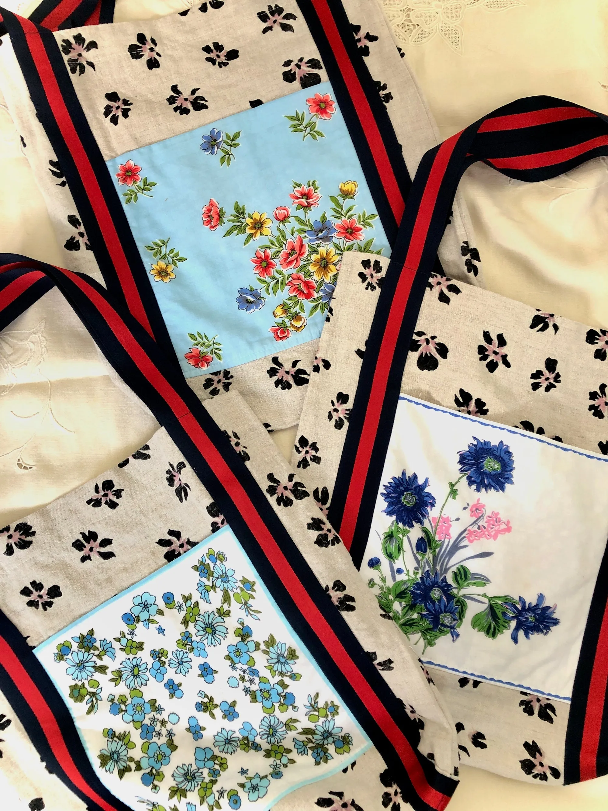 Take me! Tote Bag - Vintage Handkerchief - Flowers