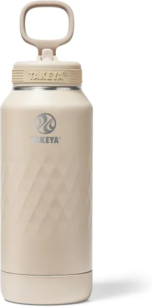 Takeya Sport 32 oz Triple-Insulated Stainless Steel Water Bottle, Straw Lid – Leakproof, Sweatproof, BPA-Free, Keeps Drinks Cold 36 Hrs, Hot 14 Hrs – Almond