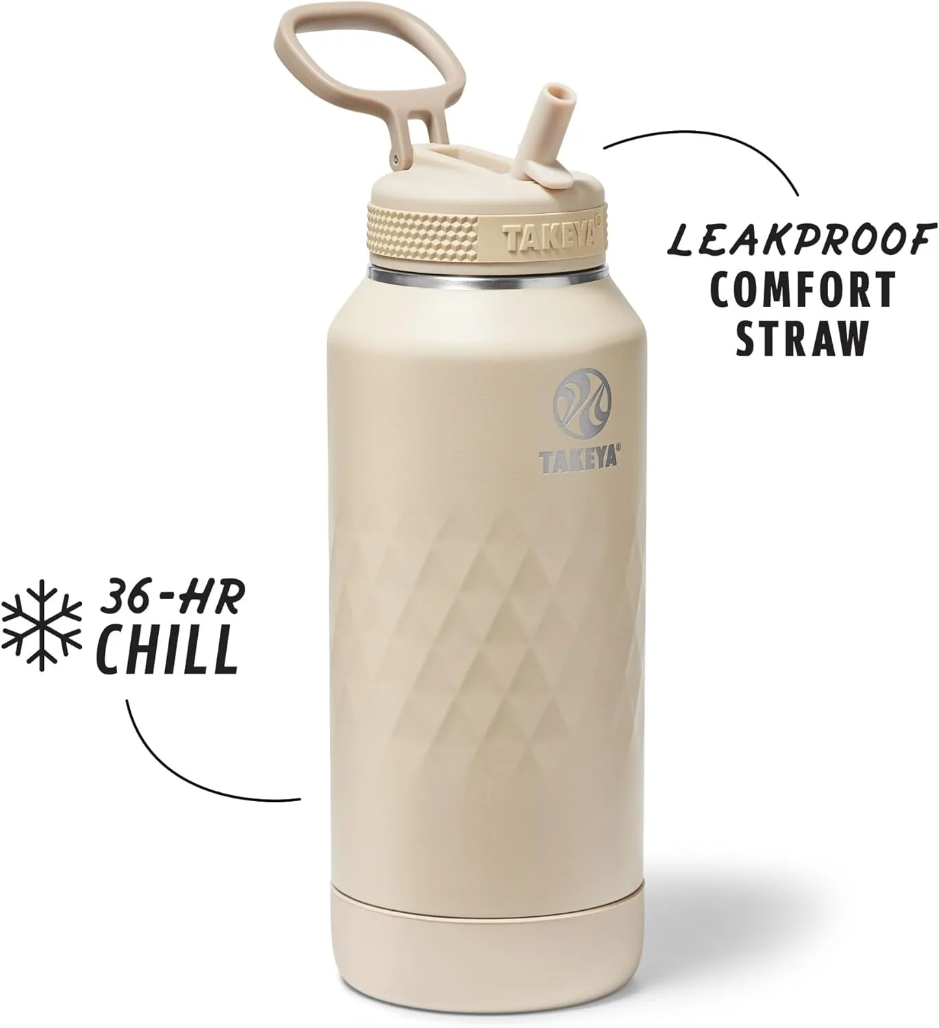 Takeya Sport 32 oz Triple-Insulated Stainless Steel Water Bottle, Straw Lid – Leakproof, Sweatproof, BPA-Free, Keeps Drinks Cold 36 Hrs, Hot 14 Hrs – Almond