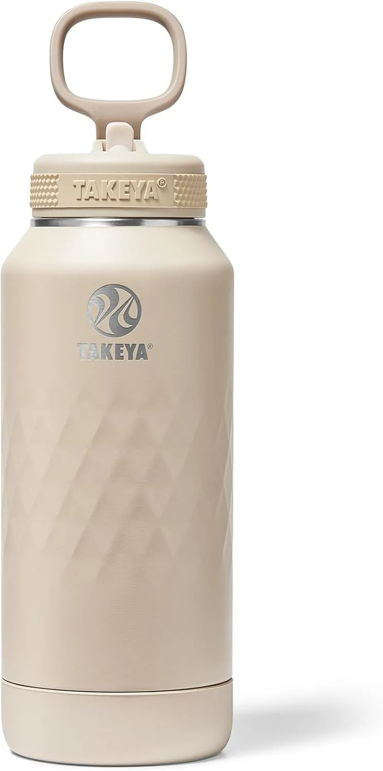 Takeya Sport 32 oz Triple-Insulated Stainless Steel Water Bottle, Straw Lid – Leakproof, Sweatproof, BPA-Free, Keeps Drinks Cold 36 Hrs, Hot 14 Hrs – Almond