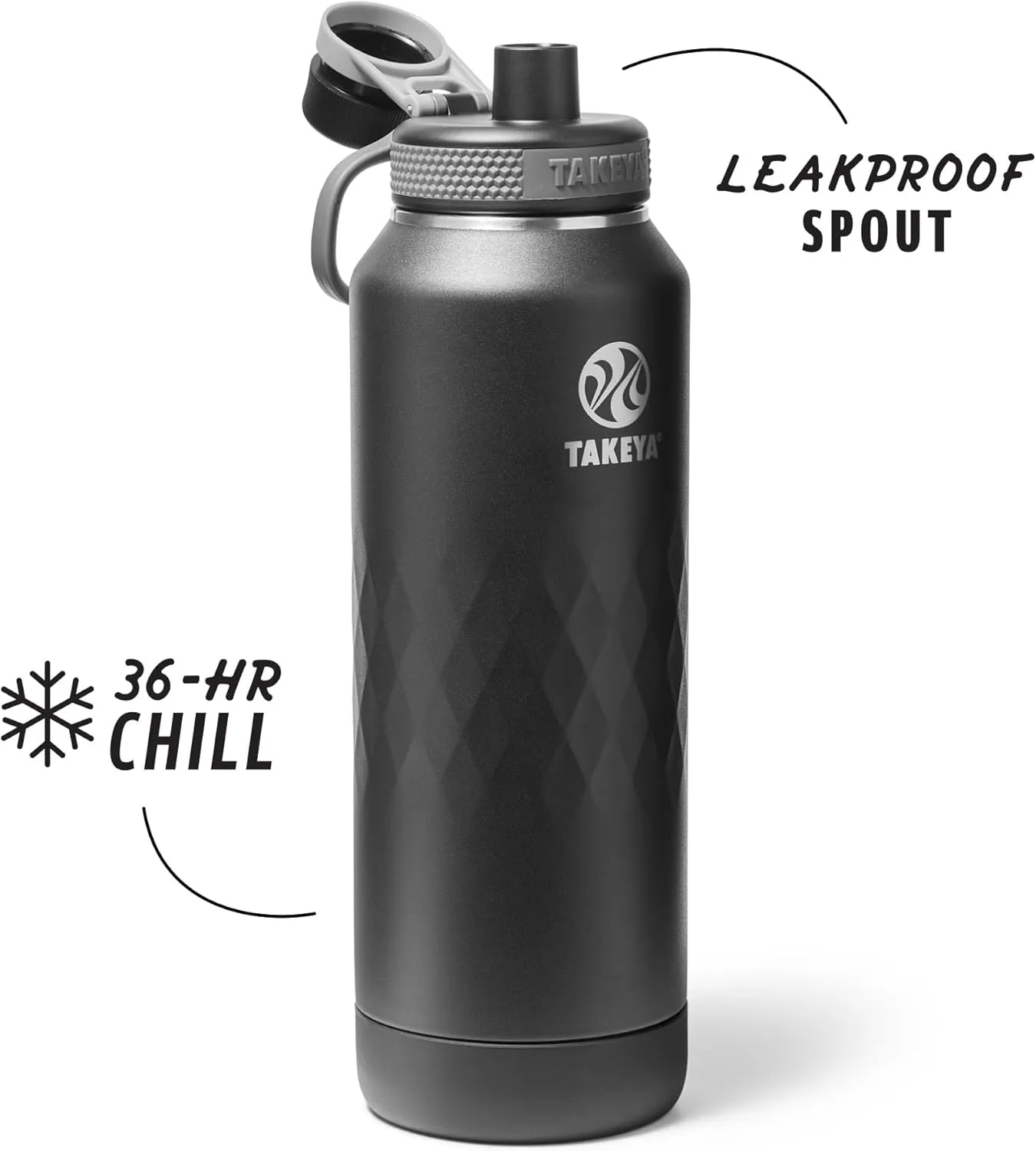Takeya Sport 40 oz Triple-Insulated Stainless Steel Water Bottle, Spout Lid – Leakproof, Sweatproof, BPA-Free, Keeps Drinks Cold 36 Hrs, Hot 14 Hrs – Obsidian