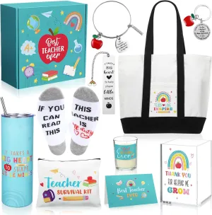 Teacher Appreciation Gifts Thank You Best Teacher Gift for Women Canvas Tote Bag 20 oz Tumbler Scented Candle Thank You Appreciation Week Themed Retirement Basket Ideas(Blue,Novel)