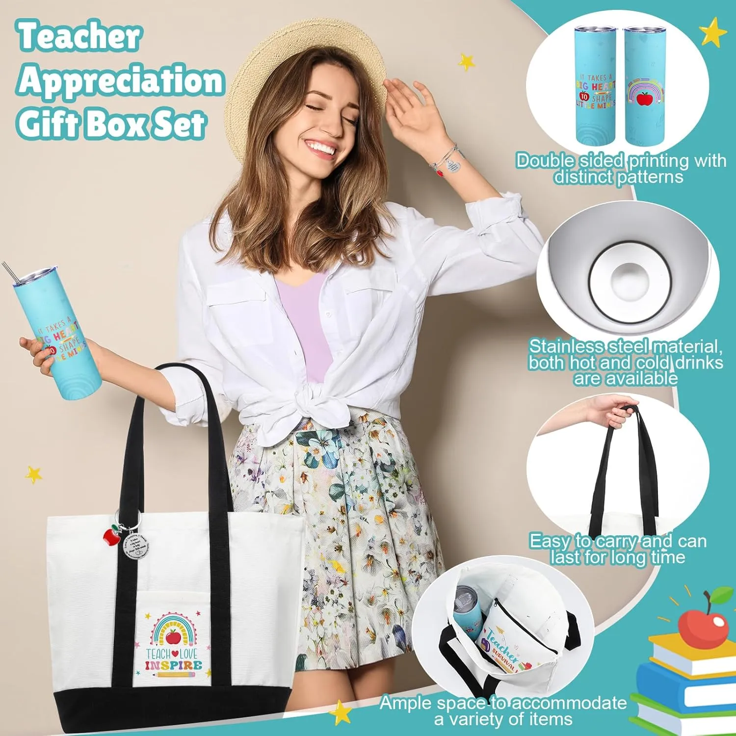 Teacher Appreciation Gifts Thank You Best Teacher Gift for Women Canvas Tote Bag 20 oz Tumbler Scented Candle Thank You Appreciation Week Themed Retirement Basket Ideas(Blue,Novel)