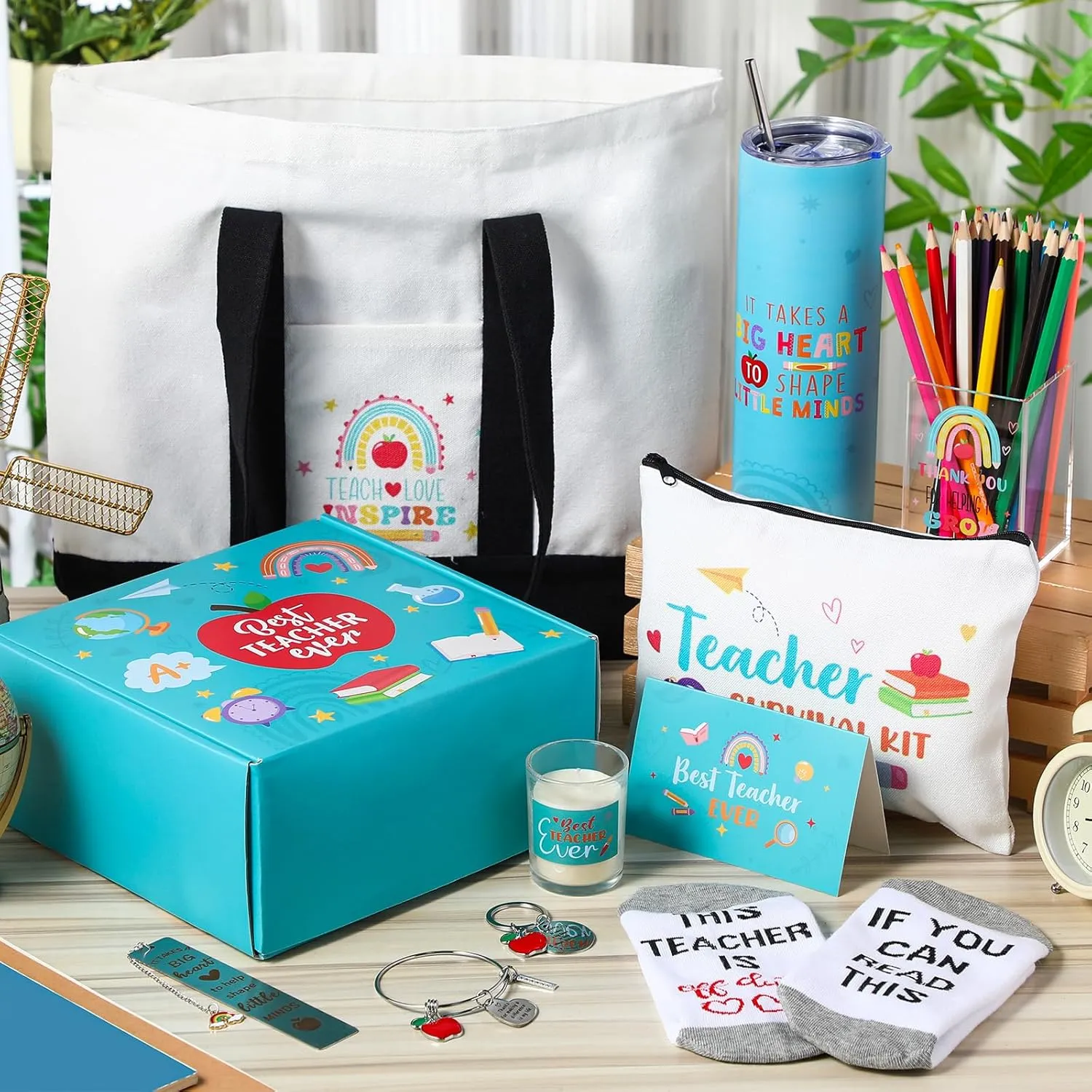 Teacher Appreciation Gifts Thank You Best Teacher Gift for Women Canvas Tote Bag 20 oz Tumbler Scented Candle Thank You Appreciation Week Themed Retirement Basket Ideas(Blue,Novel)