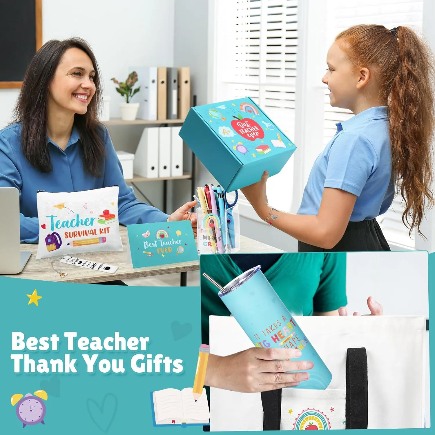 Teacher Appreciation Gifts Thank You Best Teacher Gift for Women Canvas Tote Bag 20 oz Tumbler Scented Candle Thank You Appreciation Week Themed Retirement Basket Ideas(Blue,Novel)