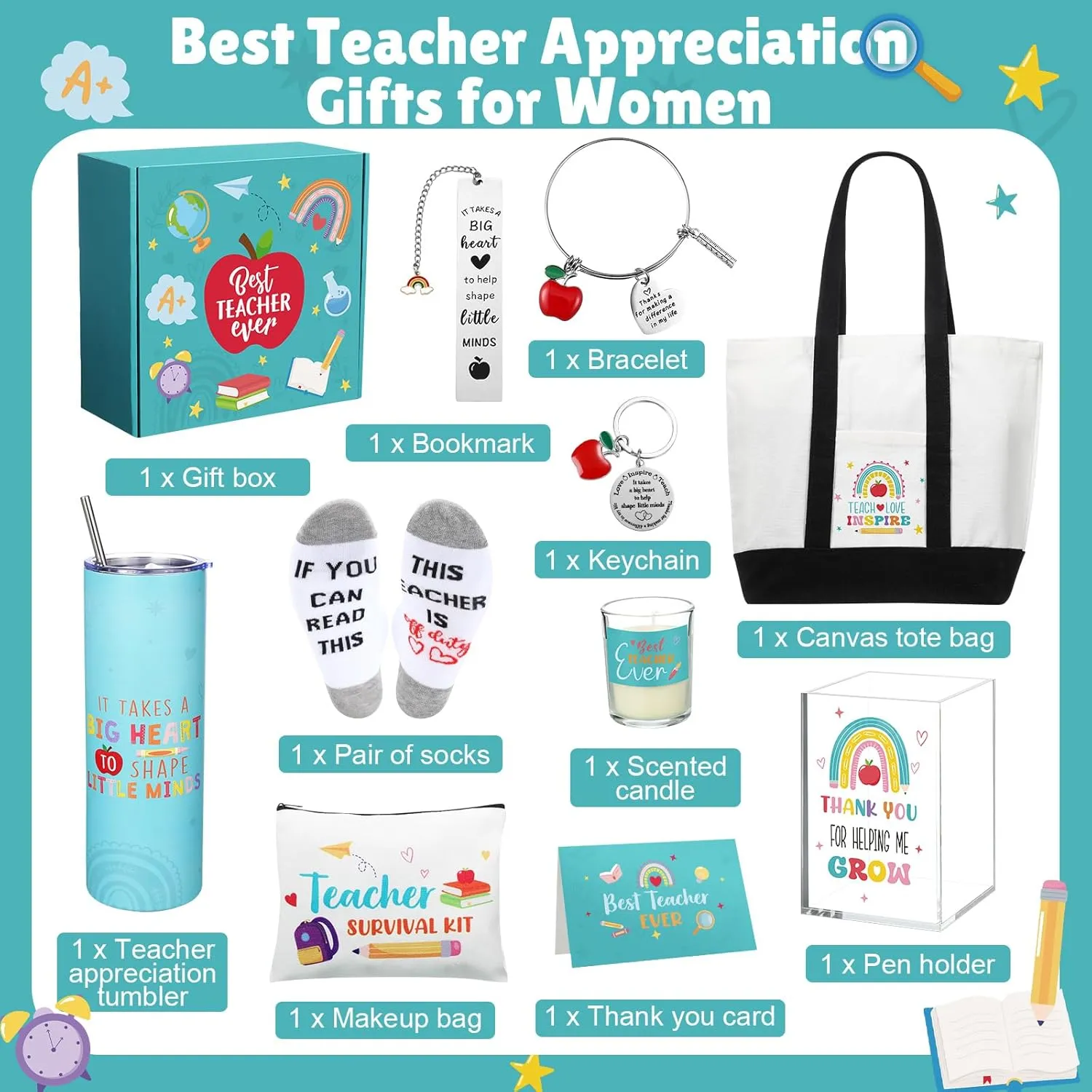 Teacher Appreciation Gifts Thank You Best Teacher Gift for Women Canvas Tote Bag 20 oz Tumbler Scented Candle Thank You Appreciation Week Themed Retirement Basket Ideas(Blue,Novel)