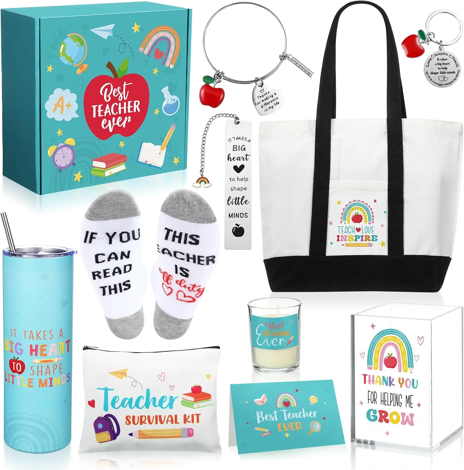 Teacher Appreciation Gifts Thank You Best Teacher Gift for Women Canvas Tote Bag 20 oz Tumbler Scented Candle Thank You Appreciation Week Themed Retirement Basket Ideas(Blue,Novel)