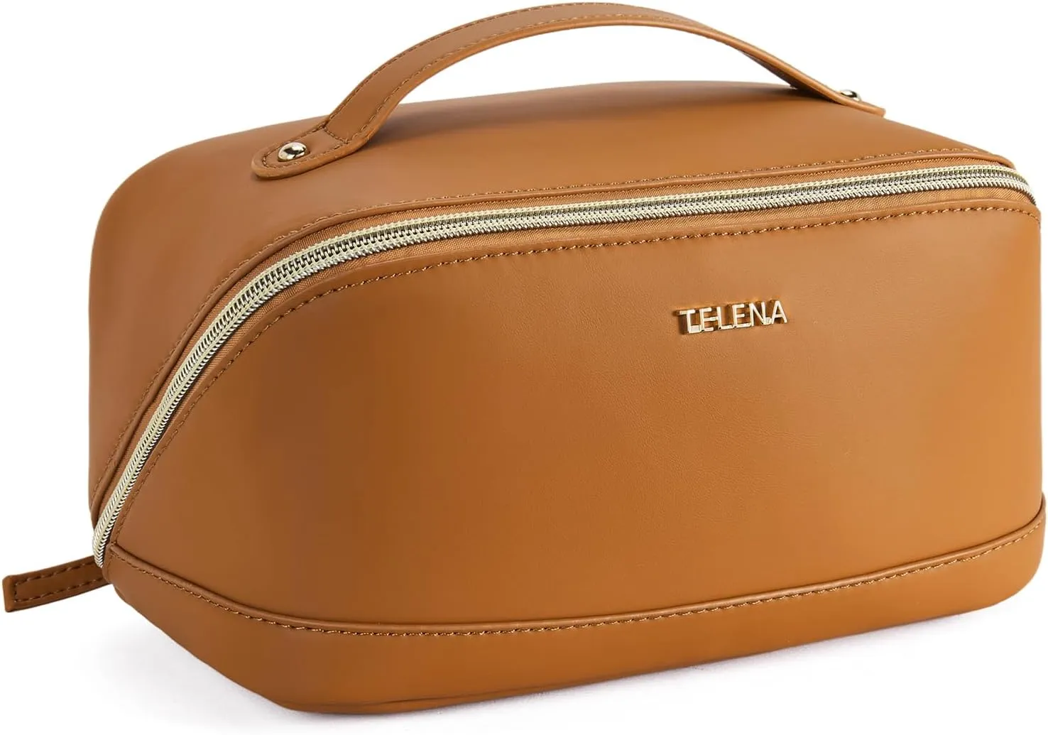 Telena Makeup Bag Large Capacity Travel Cosmetic Bag Portable PU Leather Water Resistant Makeup Organizer Bags for Women with Handle and Divider Open Flat (1-Brown)