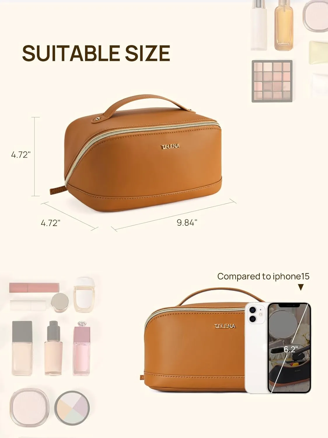 Telena Makeup Bag Large Capacity Travel Cosmetic Bag Portable PU Leather Water Resistant Makeup Organizer Bags for Women with Handle and Divider Open Flat (1-Brown)