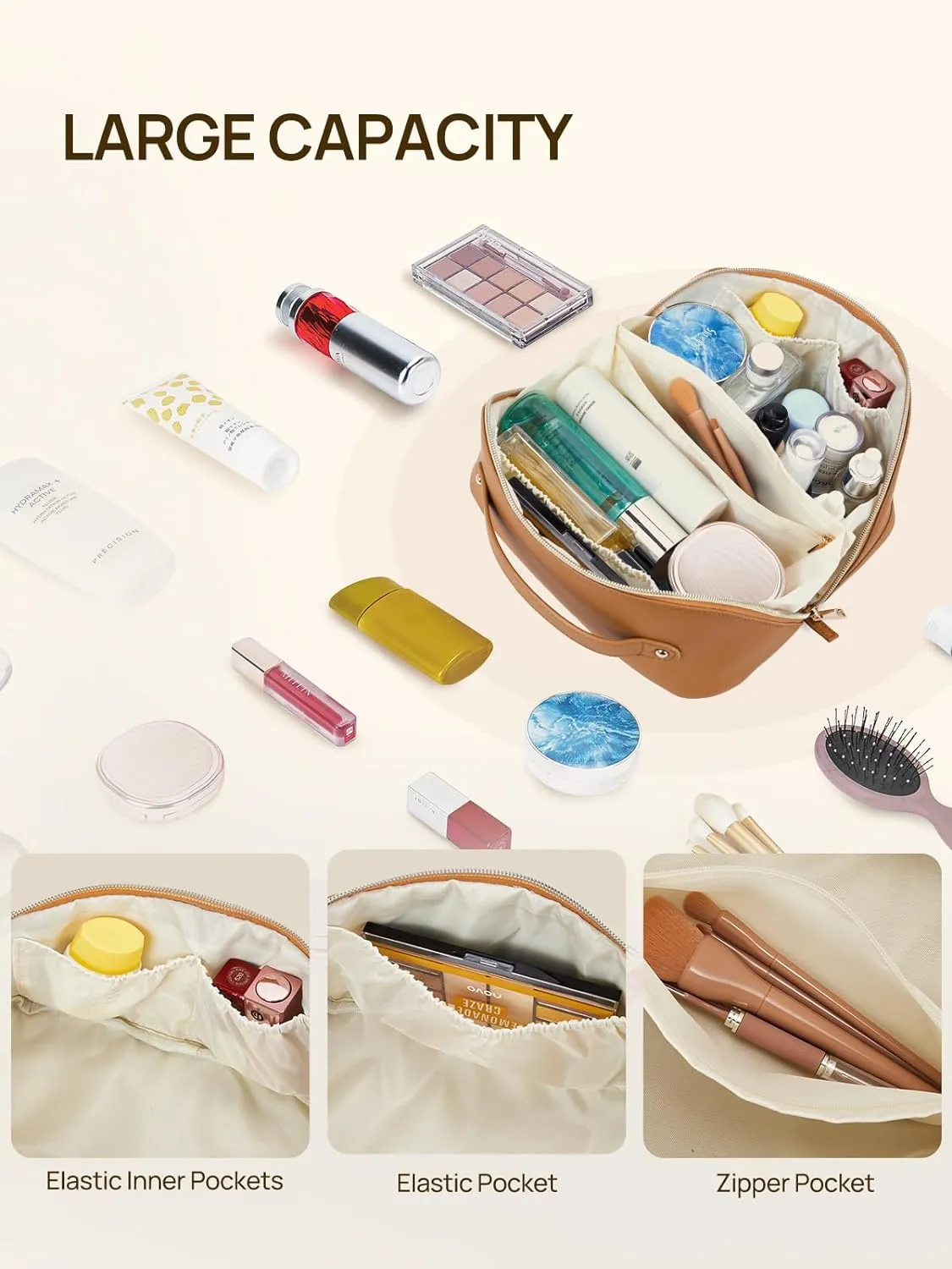 Telena Makeup Bag Large Capacity Travel Cosmetic Bag Portable PU Leather Water Resistant Makeup Organizer Bags for Women with Handle and Divider Open Flat (1-Brown)