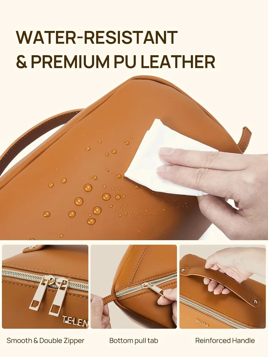 Telena Makeup Bag Large Capacity Travel Cosmetic Bag Portable PU Leather Water Resistant Makeup Organizer Bags for Women with Handle and Divider Open Flat (1-Brown)