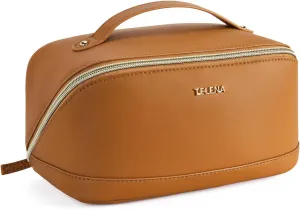 Telena Makeup Bag Large Capacity Travel Cosmetic Bag Portable PU Leather Water Resistant Makeup Organizer Bags for Women with Handle and Divider Open Flat (1-Brown)