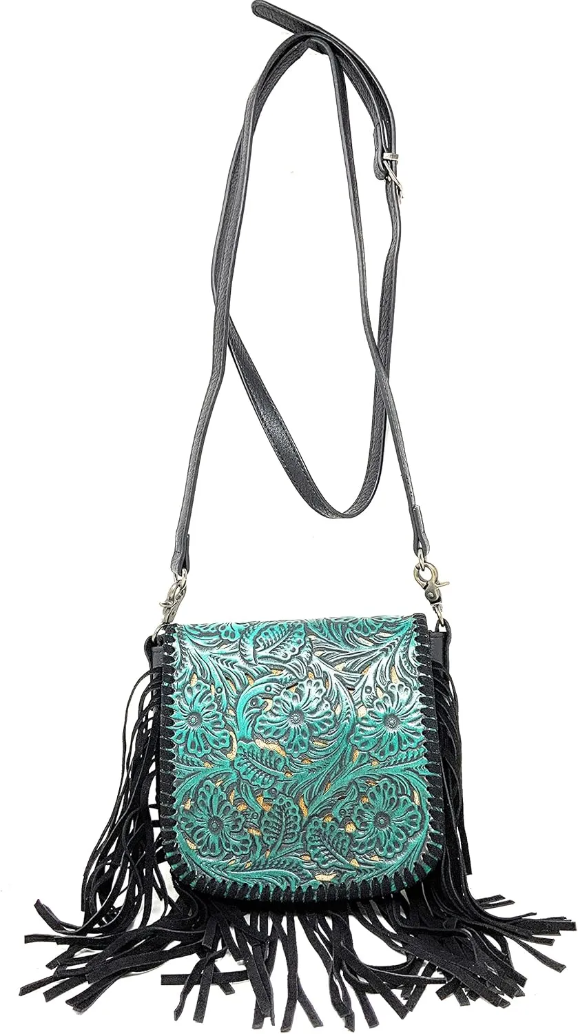 Texas West Western Genuine Leather Cowgirl Crossbody Messenger Fringe Laser Cut Purse Bag in 5 colors