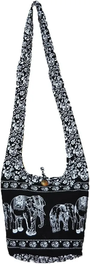 Thai Hippie Hobo Sling Crossbody Shoulder Bag Purse Handmade Zip Colorful Elephant Family Cotton Gypsy Boho Messenger Medium