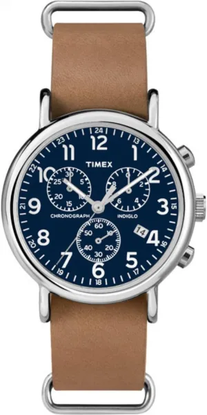 Timex Unisex TW2P62300 Weekender Chrono Tan Double-Layered Leather Slip-Thru Strap Watch