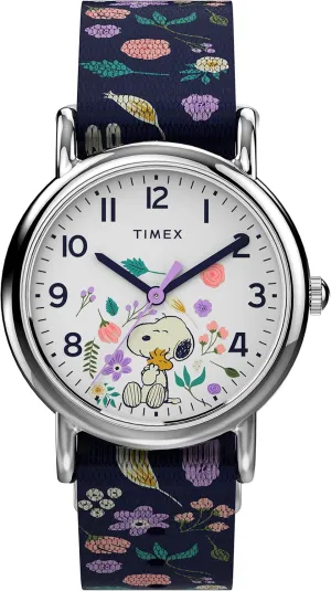Timex Womens Watch Peanuts Weekender Casual Ladies Wristwatch - Featuring Snoopy and Woodstock in a Floral Motif, Silver-Tone Case with Blue Fabric Strap (31mm)