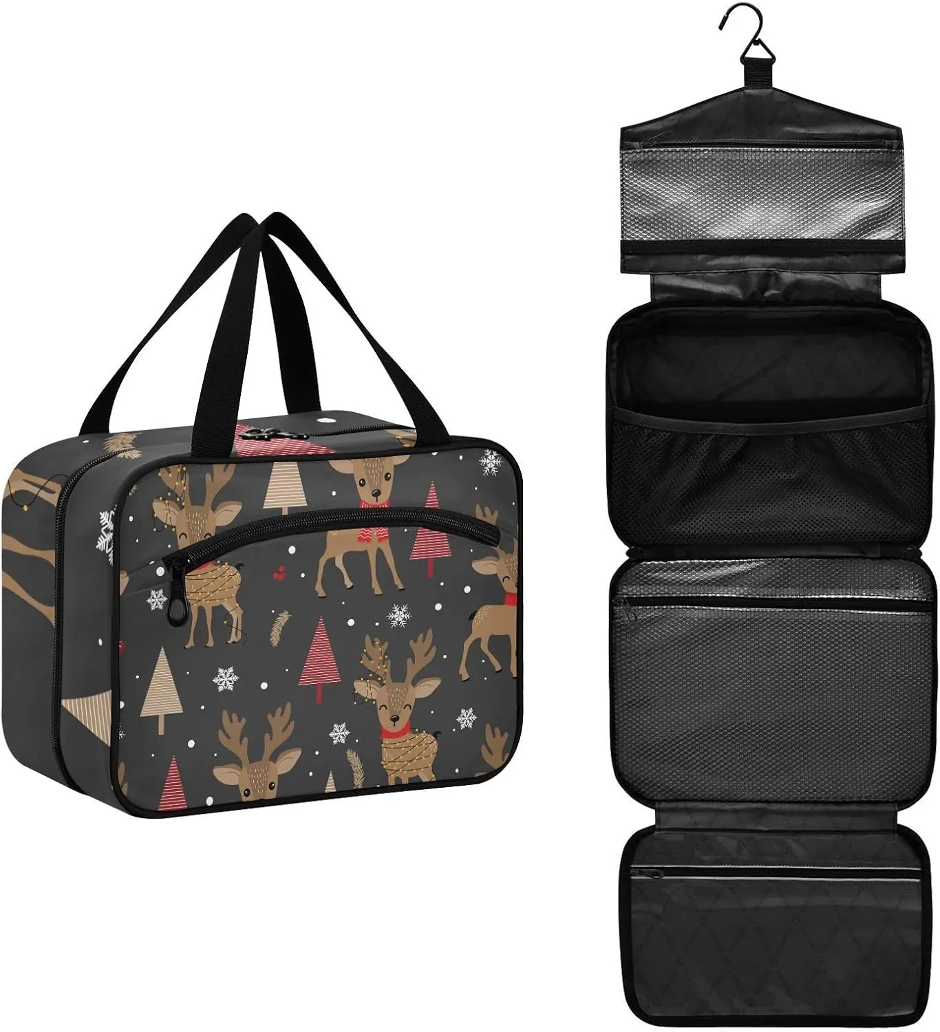 Toiletry Bag for Travel, Christmas Reindeer Background Winter Pattern Makeup Bag Large Cosmetic Bag Organizer with Hanging Hook for Women Men