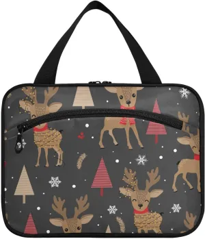 Toiletry Bag for Travel, Christmas Reindeer Background Winter Pattern Makeup Bag Large Cosmetic Bag Organizer with Hanging Hook for Women Men