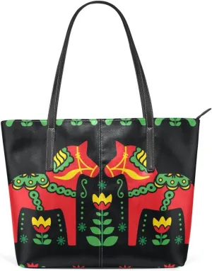 Top Handle Bag for Women Sweden Dala Horse Flower Vegan Leather Lady Purse Shoulder Bag Travel Satchel Gym Beach Tote with Zipper Weekender Handbag