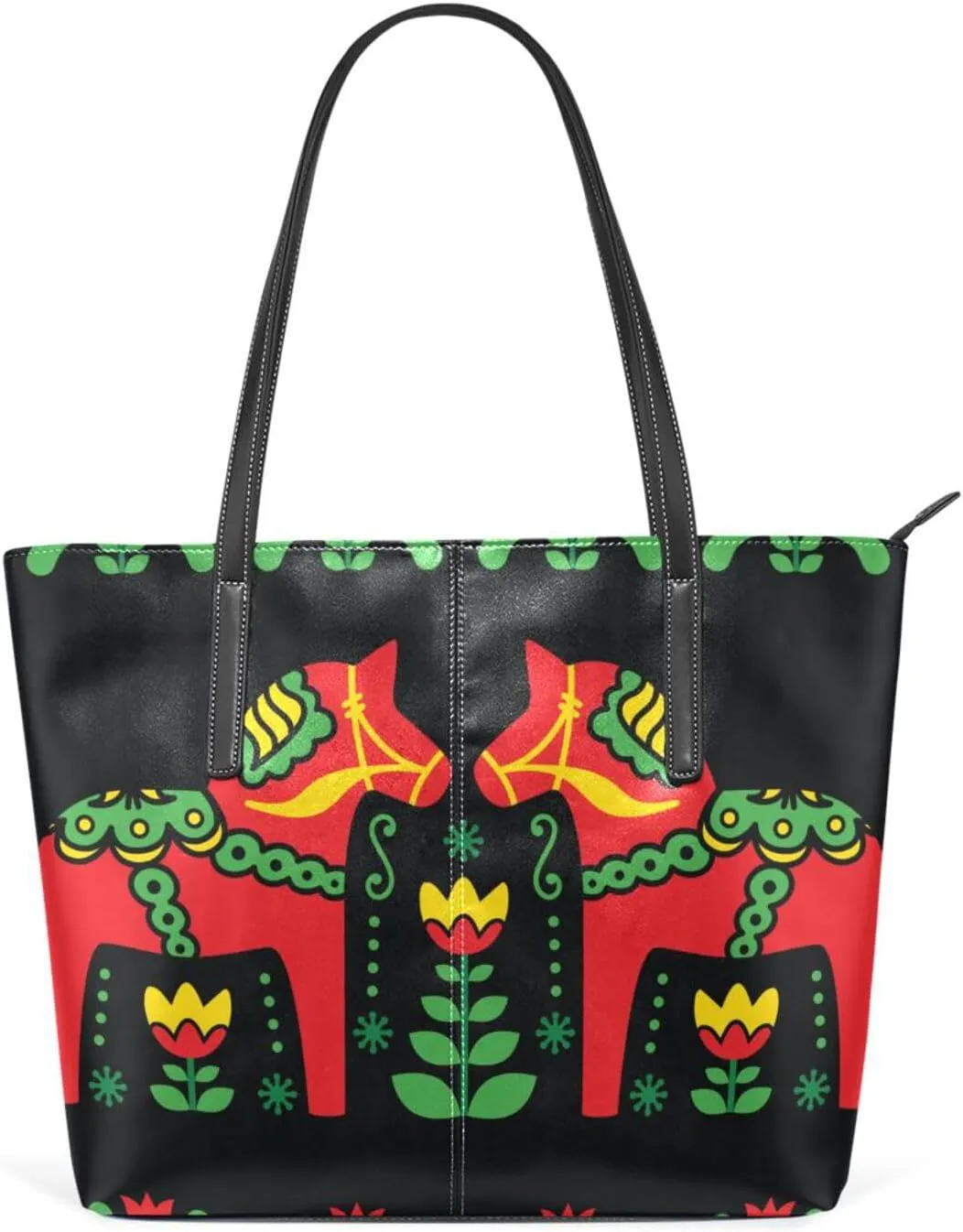 Top Handle Bag for Women Sweden Dala Horse Flower Vegan Leather Lady Purse Shoulder Bag Travel Satchel Gym Beach Tote with Zipper Weekender Handbag