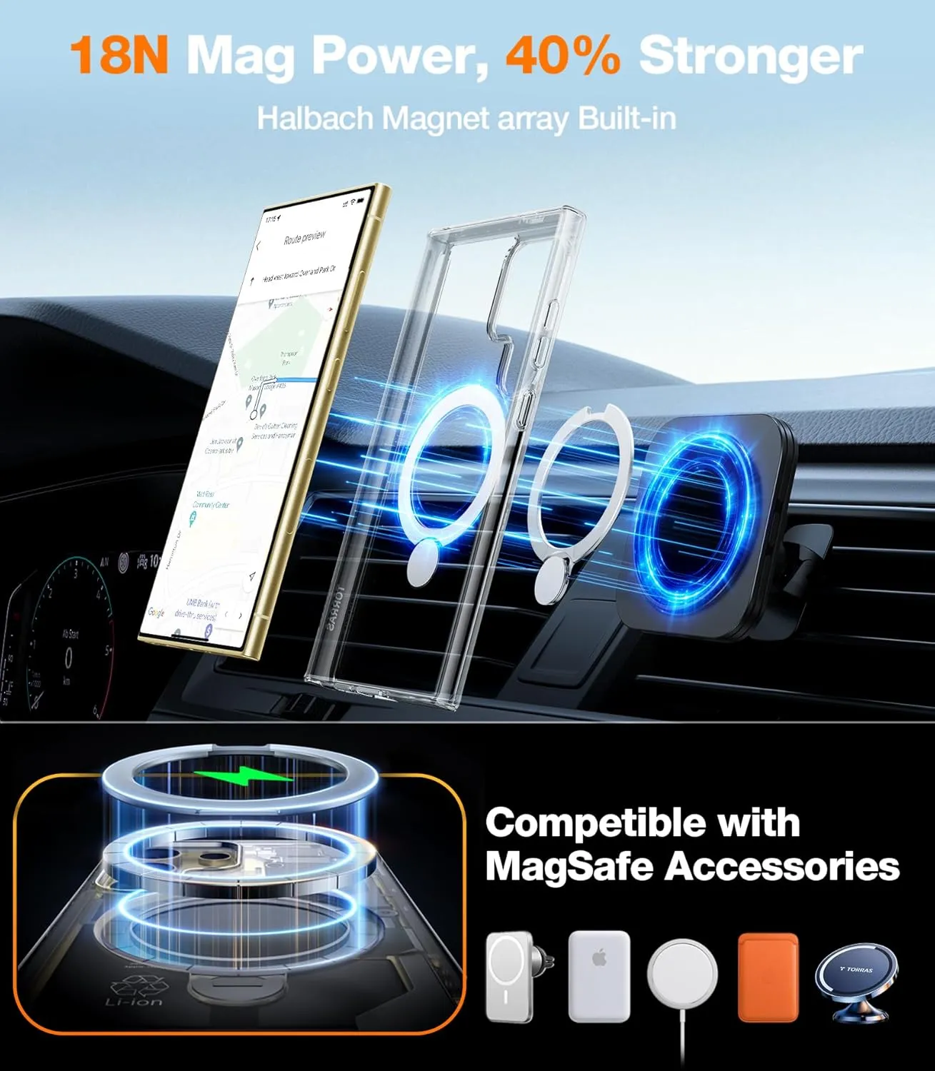 TORRAS 360° Spin Magnetic Stand for Samsung Galaxy S24 Ultra Case, Fit for Magsafe, Hard PC S24 Ultra Phone Case with Kickstand & Ring Holder, Transparent Clear
