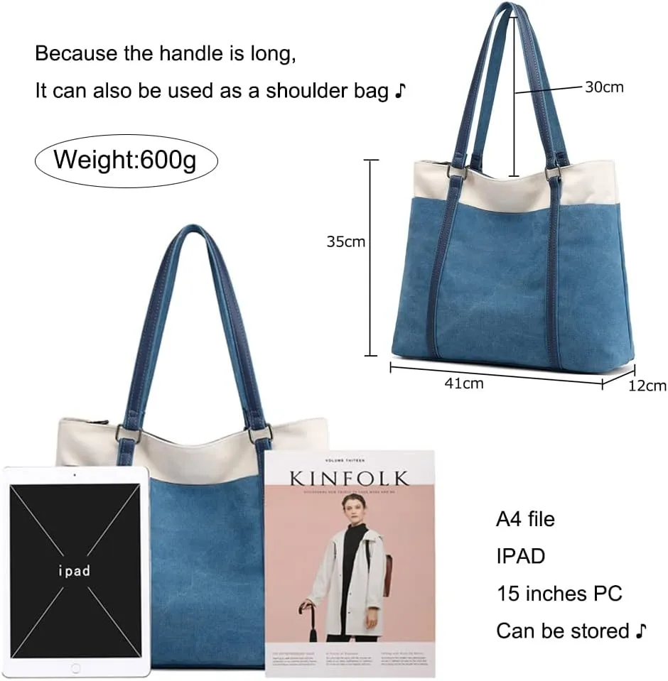 Tote Bag for Women Large Canvas Shoulder Purse for Travel Work Handbag Multi Pockets