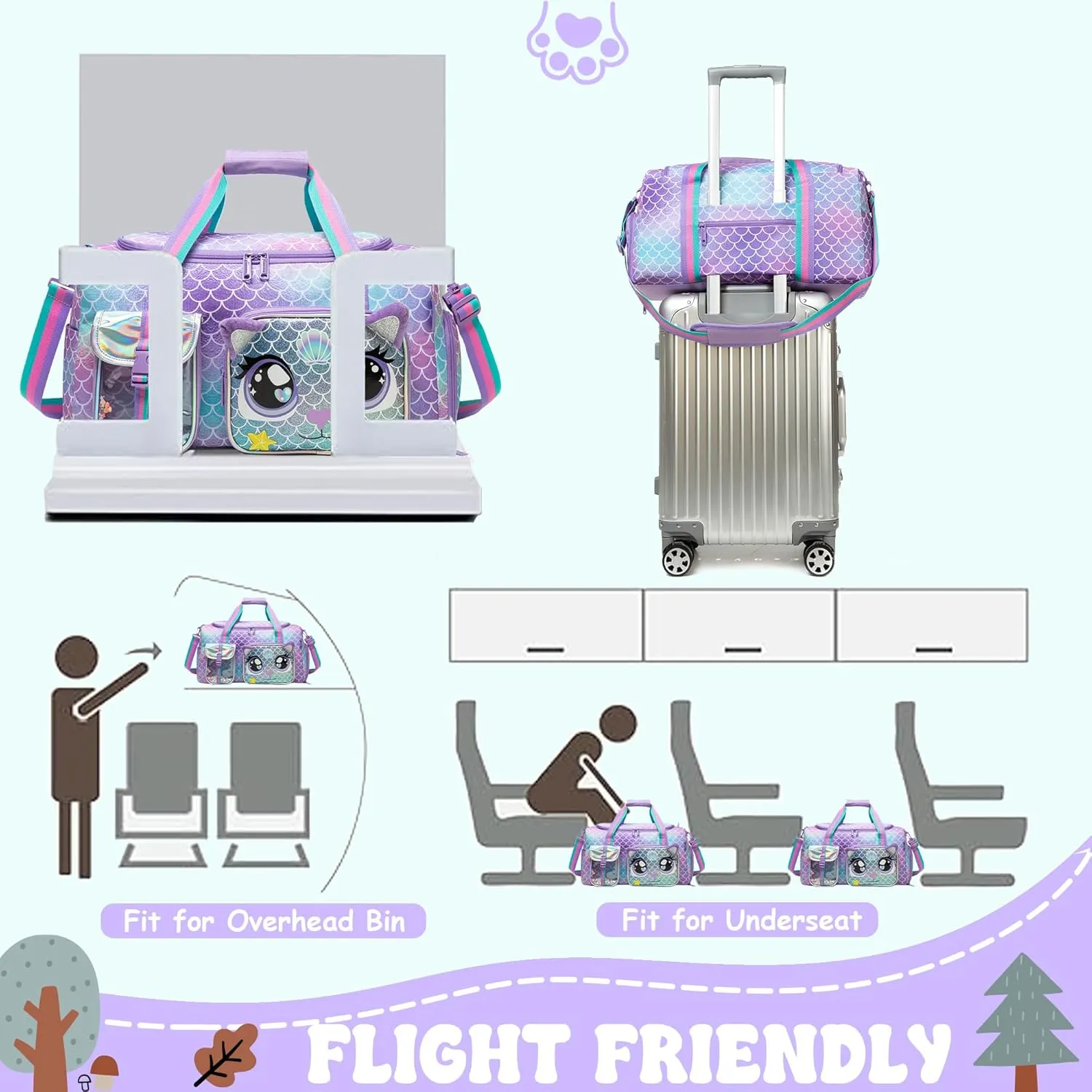 Travel Bag for Kids,Girls Mermaid Duffle Bag Sleepover Bag for Girls,Gym Bag Sports Duffel Bag,Dance Bag for Girls With Shoe Compartment