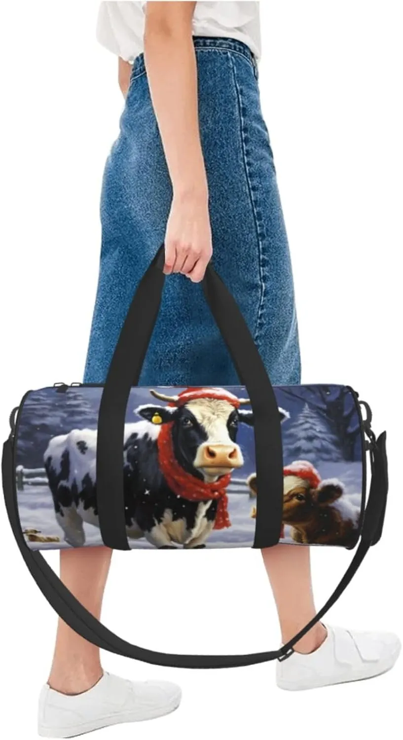 Travel Bag For Women,Christmas Snow Cow Print Personal Item Duffle Bags,Weekend Travel Duffel Tote Bag,Travel Sport Gym Bag For Men,Airplane Travel Essentials For Flying