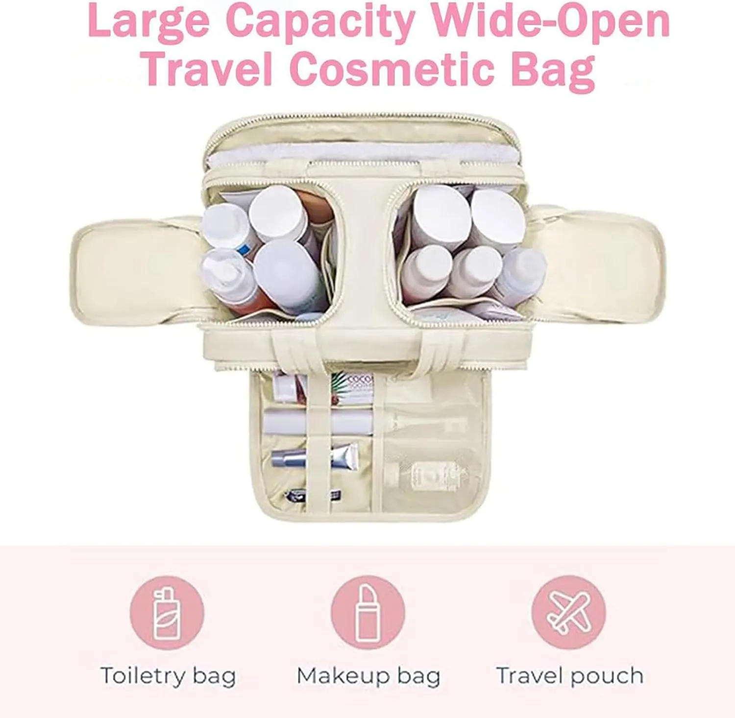 Travel Bag, Travel Cosmetic Bag, Large Capacity Wide-Open, Lightweight Waterproof, with Divider and Handle, Portable Hanging Organizer (Beige)