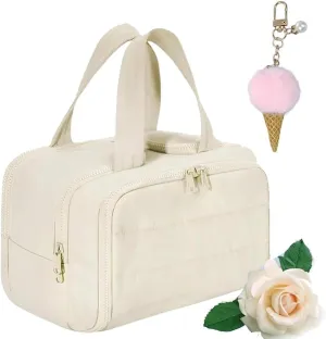 Travel Bag, Travel Cosmetic Bag, Large Capacity Wide-Open, Lightweight Waterproof, with Divider and Handle, Portable Hanging Organizer (Beige)