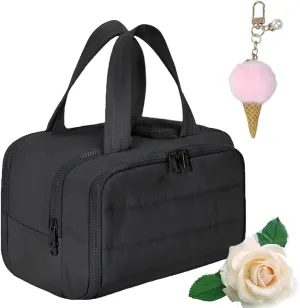 Travel Bag, Travel Cosmetic Bag, Large Capacity Wide-Open, Lightweight Waterproof, with Divider and Handle, Portable Hanging Organizer (Black)