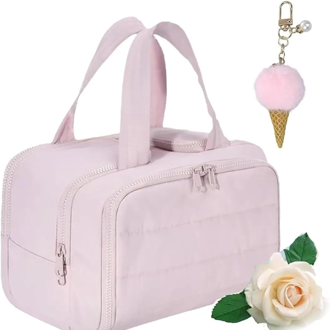 Travel Bag, Travel Cosmetic Bag, Large Capacity Wide-Open, Lightweight Waterproof, with Divider and Handle, Portable Hanging Organizer (pink)
