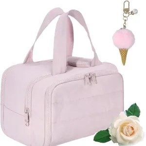 Travel Bag, Travel Cosmetic Bag, Large Capacity Wide-Open, Lightweight Waterproof, with Divider and Handle, Portable Hanging Organizer (pink)