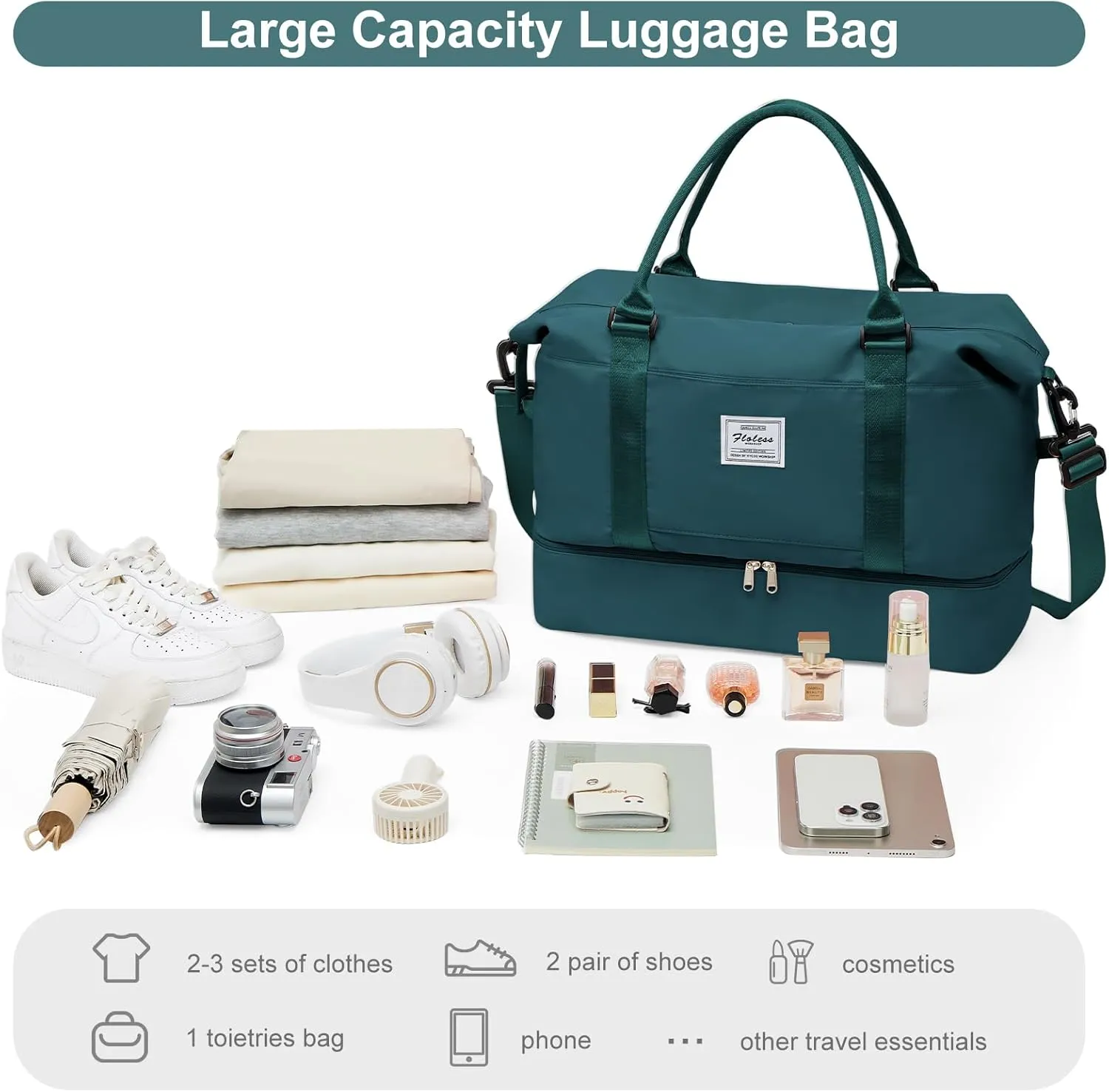 Travel Bag with Shoes Compartment,Weekender Bags for Women Travel,Carry On Duffel Overnight Bag with Trolley Sleeve & Wet Pocket,Travel tote Bag Sports Gym Bag