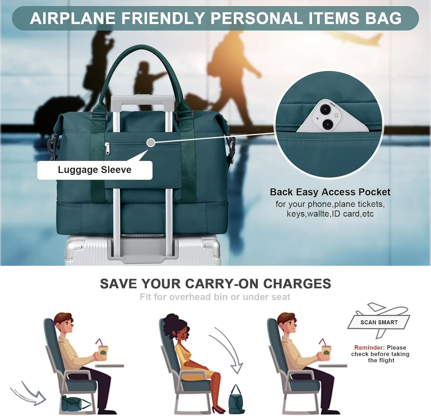 Travel Bag with Shoes Compartment,Weekender Bags for Women Travel,Carry On Duffel Overnight Bag with Trolley Sleeve & Wet Pocket,Travel tote Bag Sports Gym Bag