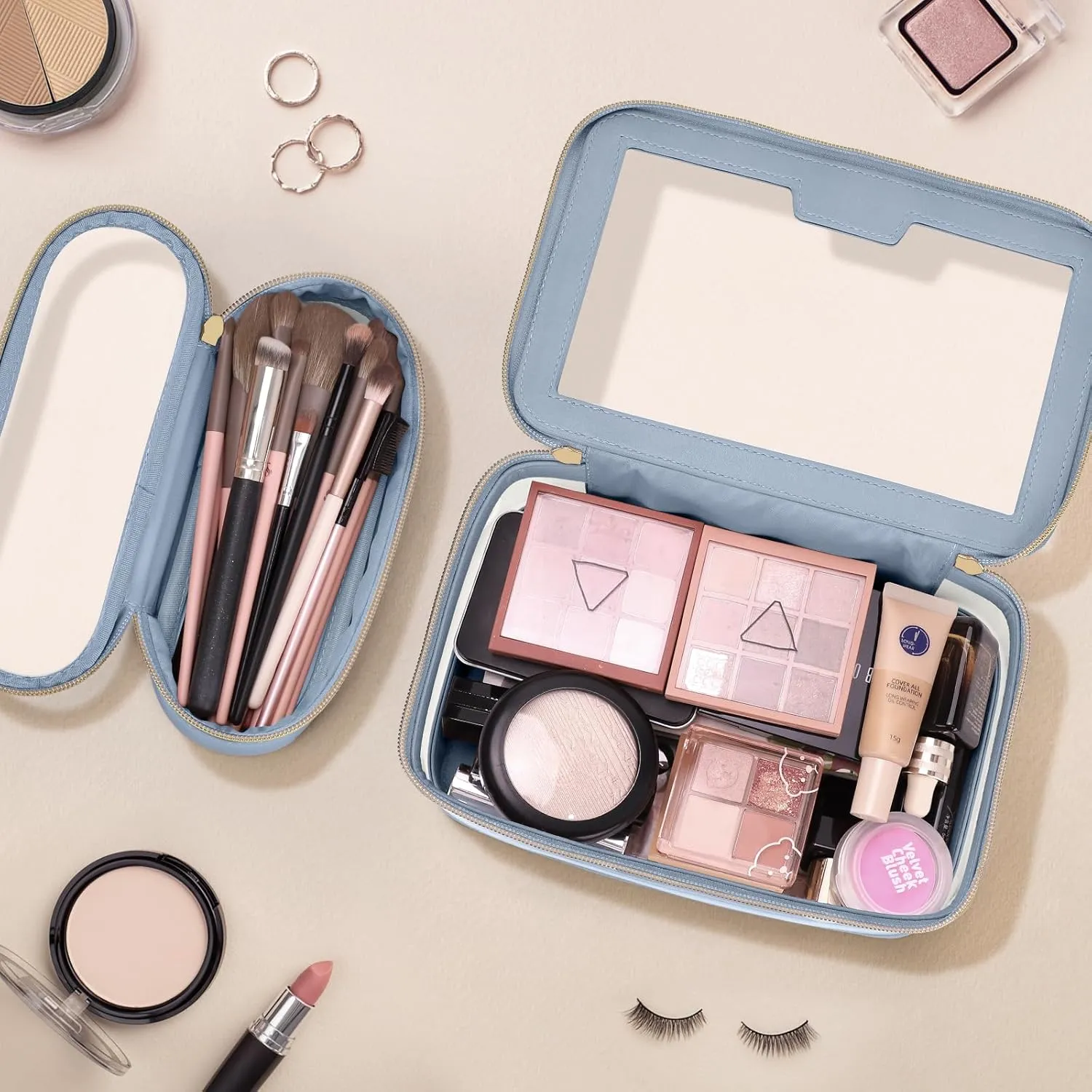 Travel Clear Makeup Bag with Makeup Brush Bag, Leather Makeup Case Toiletry Bag, Portable Cosmetic Bag Case, Transparent Waterproof Cosmetic Organizer Storage Bag for Women, Blue