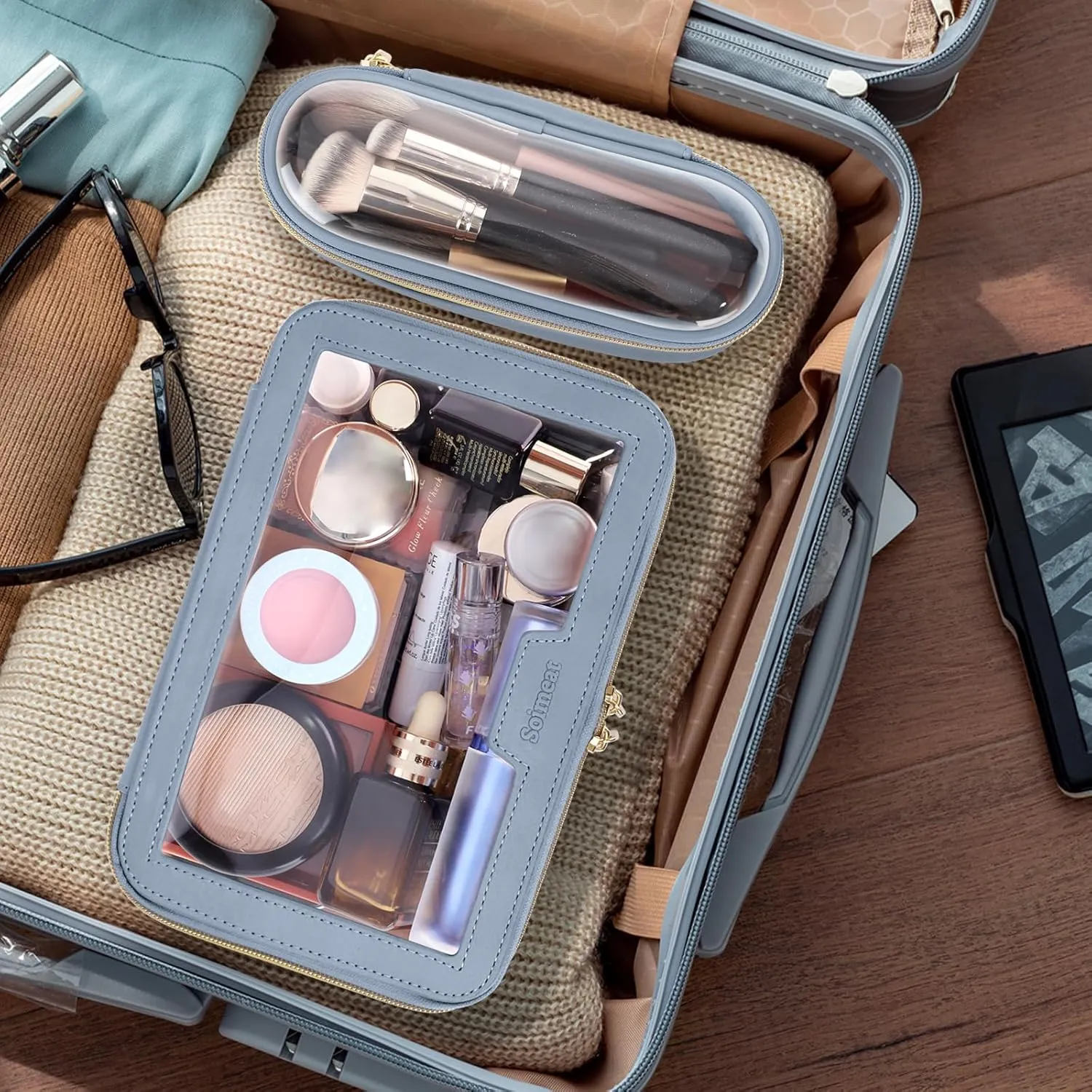 Travel Clear Makeup Bag with Makeup Brush Bag, Leather Makeup Case Toiletry Bag, Portable Cosmetic Bag Case, Transparent Waterproof Cosmetic Organizer Storage Bag for Women, Blue