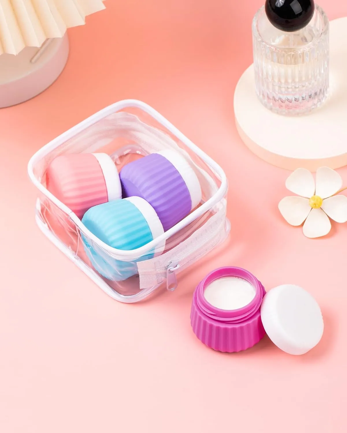 Travel Containers for Toiletries 4 Pack, TSA Approved Travel Size Toiletries, Travel Size Containers, With Clear Bag Leak Proof Silicone Jars, Travel Essentials Creams Jars Carrying Small Items