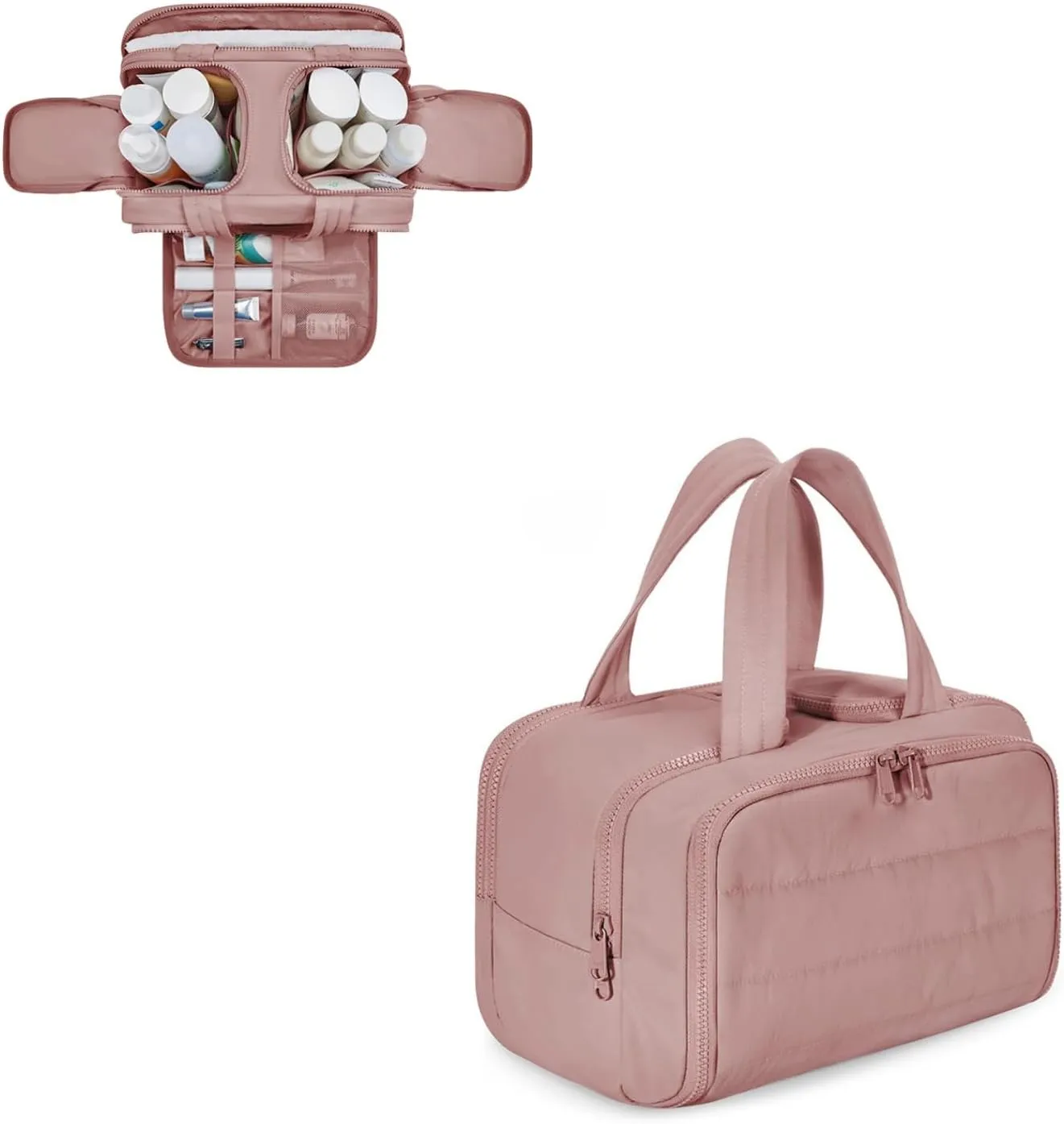 Travel Cosmetic Bag, Large Capacity Wide-Open Travel Cosmetic Bag, Waterproof Portable Pouch Open Flat Toiletry Bags for Women with Divider and Handle Dry-And-Wet Separation