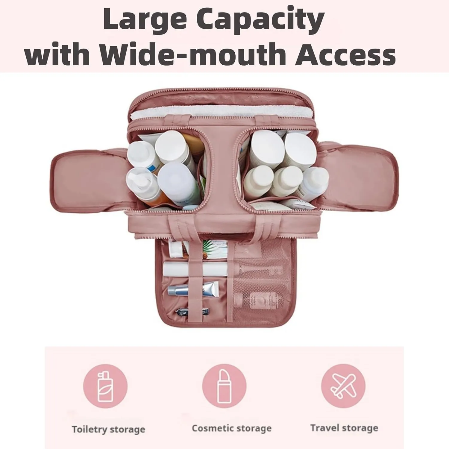 Travel Cosmetic Bag, Large Capacity Wide-Open Travel Cosmetic Bag, Waterproof Portable Pouch Open Flat Toiletry Bags for Women with Divider and Handle Dry-And-Wet Separation