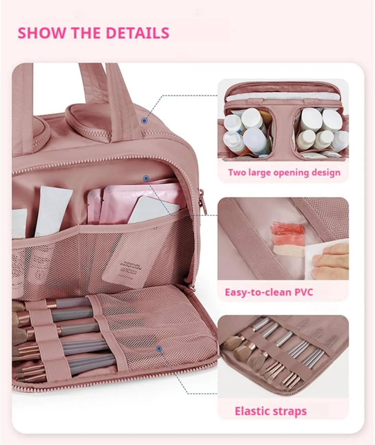 Travel Cosmetic Bag, Large Capacity Wide-Open Travel Cosmetic Bag, Waterproof Portable Pouch Open Flat Toiletry Bags for Women with Divider and Handle Dry-And-Wet Separation