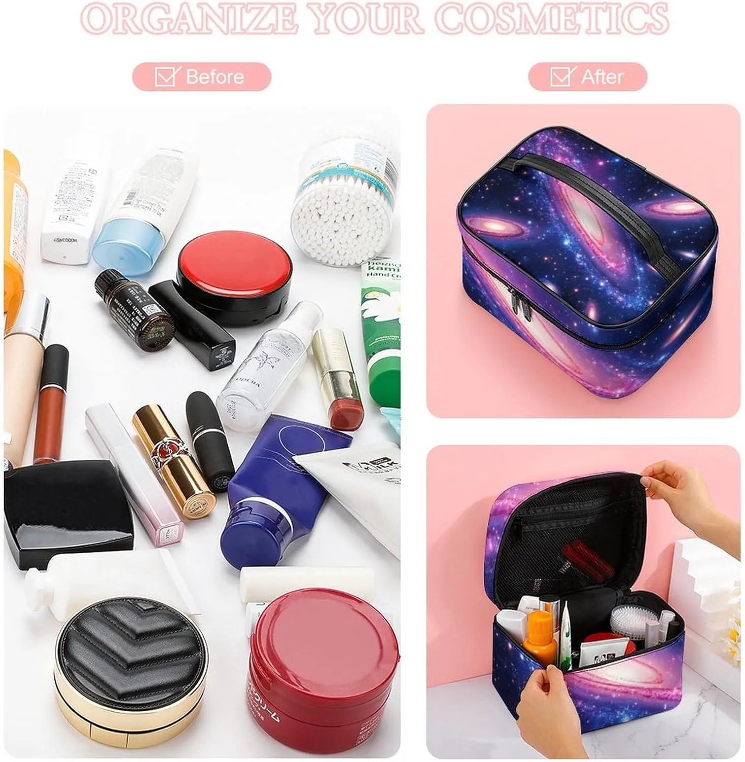 Travel Cosmetic Cases for Women, Multifunctional Makeup Organizer Bag, Space Galaxy Constellation Zodiac Star Purple Blue Toiletry Storage Bag with Handle and Divider